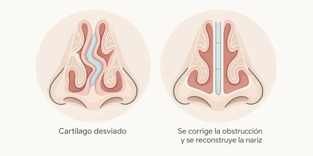 Ilustración del tabique nasal: cartílago desviado y tabique corregido tras la septoplastía